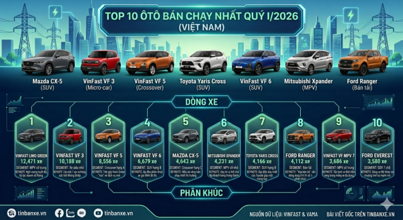 Nhìn lại Top 10 ôtô bán nhiều nhất thị trường Việt Nam quý I/2026
